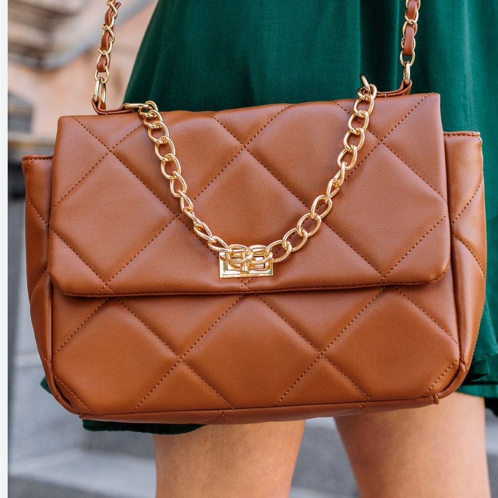 Faux Leather Quilted Crossbody Bag Cognac